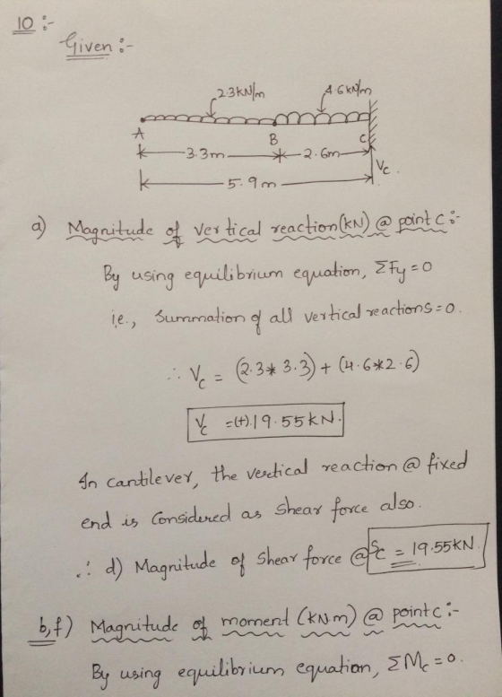 10: Given :- 2.3 kN/m 4.6 kN/m mind A K ch -3.3m. * 2.6m 5.9m Vc k 9) Magnitude of vertical reaction(kn) @ pointc; By using e