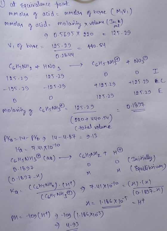 I at equivalence point. mnolex of acid=mmodes of bone (MINI) % acid= molarity (Ind) - 0.5695 X 220 125.29 vi of bone = mmolen