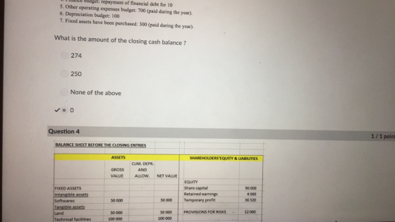 l miance Budget: repayment of financial debt for 10 5. Other operating expenses budget: 700 (paid during the year). 6. Depreciation budget: 100 7. Fixed assets have been purchased: 300 (paid during the year). What is the amount of the closing cash balance? 274 250 None of the above Question 4 1/1 point BALANCE SHEET BEFORE THE CLOSING ENTRIES ASSETS SHAREHOLDERSEQUITY & LIABILITIES CUM. DEPR AND GROSS VALUE ALLOW. NET VALUE FIXED ASSETS Intangible as Softwares EQUITY Share capital Retained earnings 90 000 4000 36 520 50000 0 000Temporary profit 50000 PROVISIONS FOR RISKS 12 000 Land Technical facilities 50000 100 000 100 000