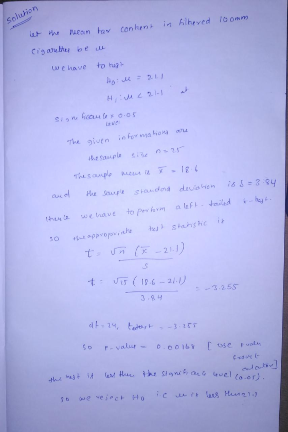 solution in filtered 100mm content let the mean tar cigarettes be w we have to hest Hol = 21.1 at HiiM L 21.1 significancex 0