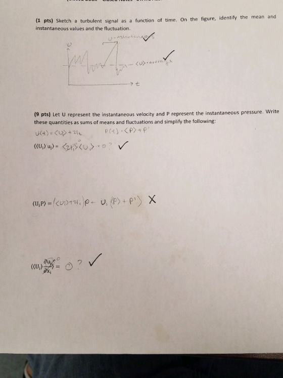(1 pts) Sk instantaneous values and the fluctuation. etch a turbulent signal as a function of time. On the figure, identify t