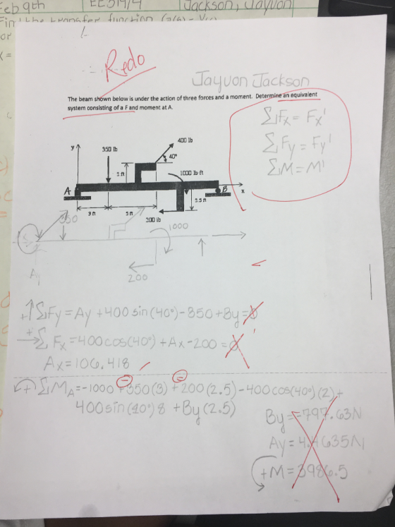 im 0 Tayuon Jackson The beam shown below is under the action of three forces and a moment. Determ system consisting of a F and moment at A. ine an equivalent 400 lb 350 Ib 2 1t 1000 lb ft 3 tt 200 ib 2.00 -1SFy=Ay +400 sin(409-860 +8 니00sin(4098 +Bu (2.5)