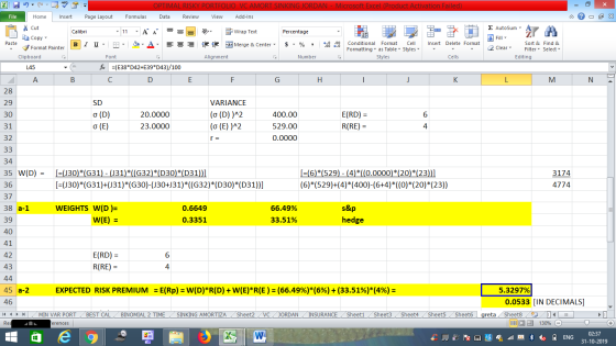 OPTIMAL RISKY PORTFOLIO VC AMORT SINKING JORDAN - Microsoft Excel (Product Activation Failed) Data Review View Add-Ins File H