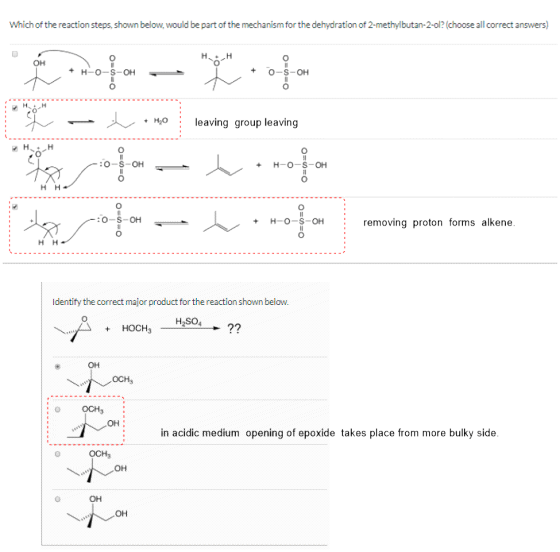 2Rction stapa, shown below; wauld be port of the macharism tor the deh ydration of 2-0ethylbuts-2-ok (choose all oorvedt anow