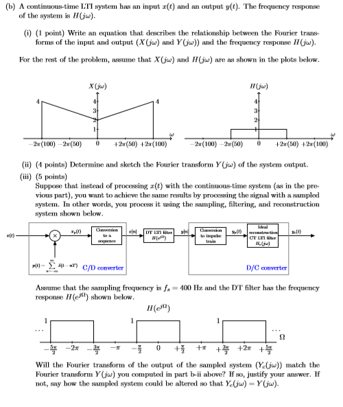 (b) A continuous-time LTT system has an input (t) and an output y(t). The frequency response of the system is (w). 0) (1 poin