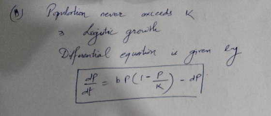 • Population never exceeds K. & Legutic growth Differential equation is given en h = bp (1-12) - op