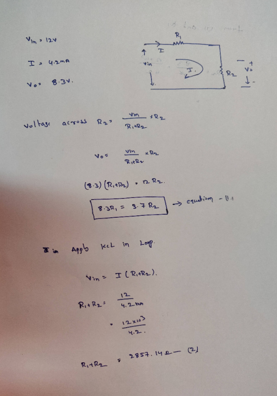 OP Von 12v M I 4.2mA Vos 8.3V. XR 2 voltage acros Ras Vin RitR2 vos un x Rz Riera (8.3) (R, AR2) 12 R2. equation (11 8.3R = 3
