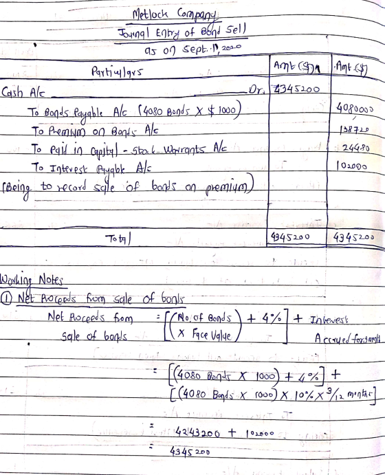 Amr.(3) Metlock Company Journal Entry of Bond Sel). as on sept.19, 2020 Particulars Amt (son Cash Ale Dr. 2345200 To Bonds Pa