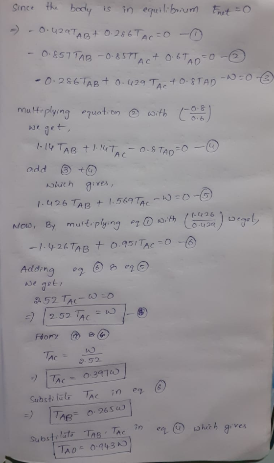 Since the body is in equilibrium thet = 0 0.429 TABt 0.286 TAC=0 0.857TAB - 0.857T + 0.6T AC Арго -W-o -0.286 TAB+ 0.429 TACT