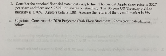 1. Consider the attached financial statements Apple Inc. The current Apple share price is $327 per share and there are 5.25 b