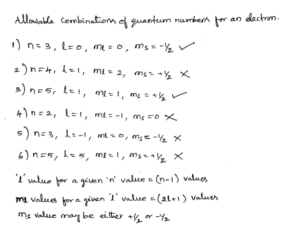 Allowable combinations of quantem numbers for an electron. 1) n=3, leo, mezo, ms=-42 ~ 2) n = h, dal, me=2, ms=tY₂ x 3) n=5,