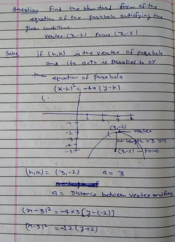 ouestion find the standard form of the equetion of the pasabola satisfying the I given conditions: Vestex: (3,-2) Focus: (3,-