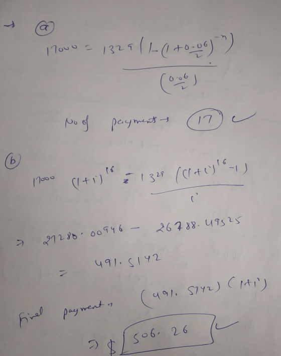 17ouo = 1329 (1-(tou (oob No of payments C b 16 17000 (1+1) è 138 (Cr+ulon) ľ 26788.49525 21280.00946- 491.5142 (491. 5742) C