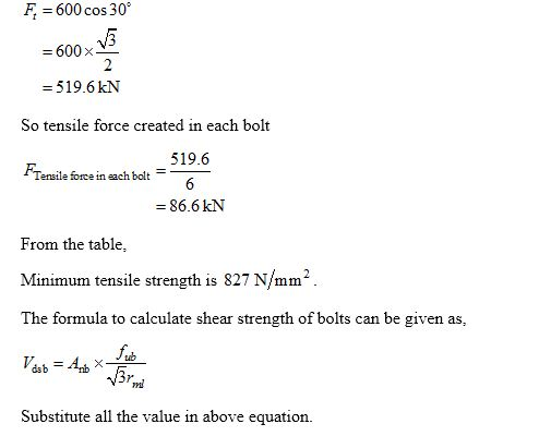 F, = 600 cos 30° = 600x3 = 519.6 kN So tensile force created in each bolt 519.6 Tensile force in each bolt = 86.6 kN From the