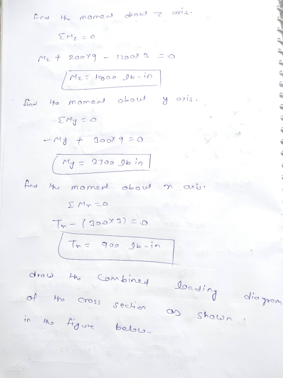 find axis. the moment about z {M2=0 M2 + 20079 - 12000 a =0 M2 = 16oo lb-in find the moment about y axis. [My = 0 - my + Joox