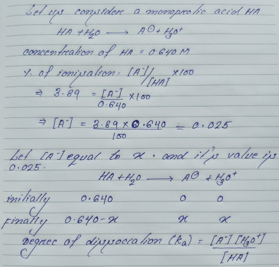 Det equs cogzwedere a monoprolic acid HA HA +40 AO + Hot concentrabon of HR = 0.640 M y of ioniwalion. [AB, X100 = 3-89 - [A-