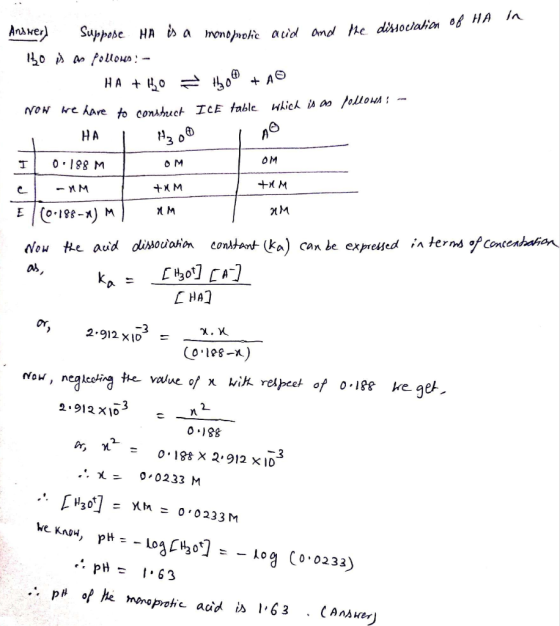 in Answer) the dissociation of HA o polic acid and ko pw Poloнo ! - HA + HO Now we have to construct HO + AO ICE table which