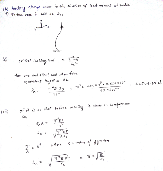 (b) bucking alwers seur ina dichon of least mo ment of mes 1 n Hui cane it will be lyy tritica/ buckling load . TT2E「 for o