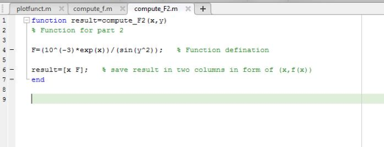 plotfunct.mx compute fmcompute F2m+ 早function result-compute-F2(x,y) % Function for part 2 F-(10^ (-3) *exp (x)) / (sin (y^2)