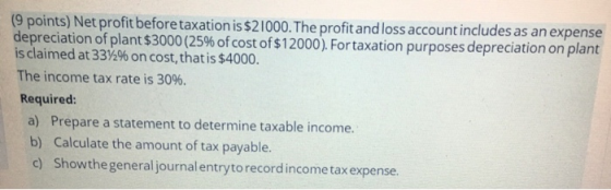 (9 points) Net profit before taxation is $21000. The profit and loss account includes as an expense depreciation of plant $30
