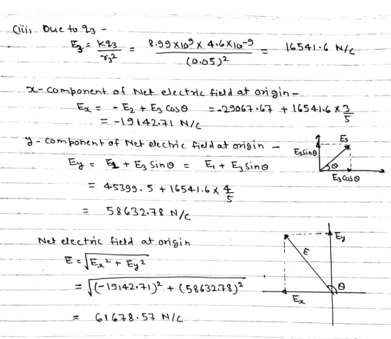 3 χ_co mponent of Net electric field at on gin- Es = 45399. 5 + 1454-1.6x 8 32.3 N/c. Nel electnc fed at origih GIG子8.57 N/C