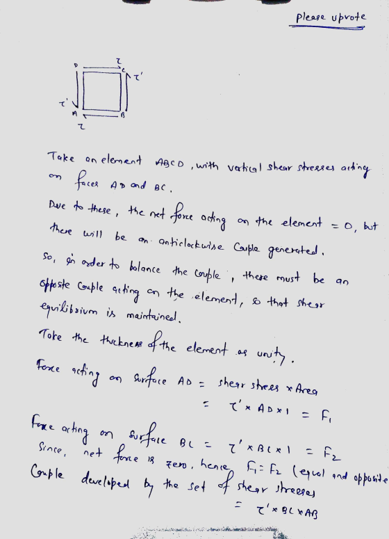 please uprote て T ? Ad and BC . there will but be Take an element ABCD, with vertical shear stresses arting faces Dove to the