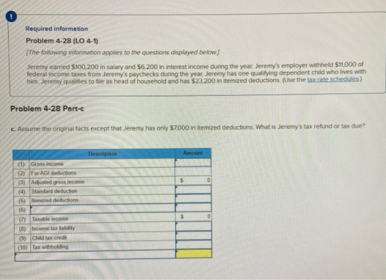 Required information Problem 4-28 (LO 4-1) [The following information applies to the questions displayed below) Jeremy earned