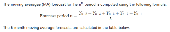 The moving averages (MA) forecast for the nth period is computed using the following formula: Forecast period n Yn-5 + Yn-4 +