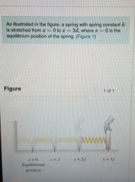 As illustrated in the figure, a spring with spring constant k is stretched from =0 to x = 3d, where x = 0 is the equilibrium