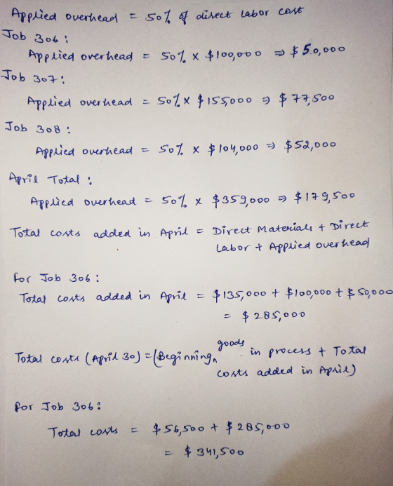 Applied overhead & 50% of direct labor cost Job 3o6: Applied overhead & 50% * $100,000 - $50,000 Job 307: Applied overhead &