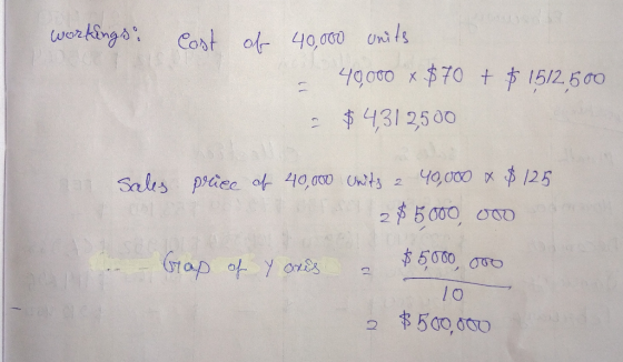 workings Cost of 40000 Unils 49000 $70 t 15/2.600 2 431 2500 da1 Sales piec ot 40,0 unts 2 4900Ox125 25000 0D $5000 o 61ap of