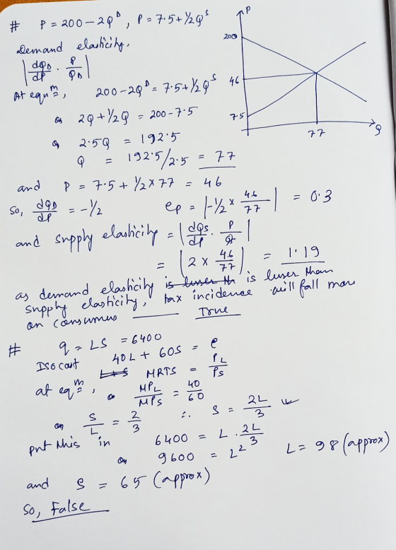 D P = 7.5+%29 # 2 P = 200-29 Demand elasticity, 200 P. ele 46 ) OM = 200-7.5 7.5 9 77 and At equm 200-2012 7:5+20S 29+%29 2