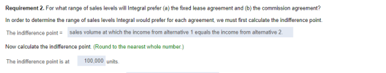 Requirement 2. For what range of sales levels will Integral prefer (a) the fixed lease agreement and (b) the commission agree