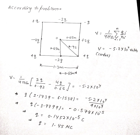 According to problema - -29 29 - 1.65m a +2q 0.65m 0.92 va -5.2% lo volts 49 Ccentre K -29 1.3m ko.65m* VzhTG [ 2.2 - 4257 =