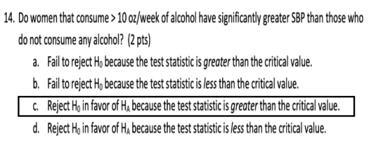 14. Do women that consume > 10 oz/week of alcohol have significantly greater SBP than those who do not consume any alcohol? (