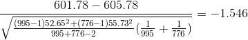 \frac{ 601.78 - 605.78}{\sqrt{ \frac{(995-1)52.65^2 + (776-1)55.73^2}{ 995+776-2}(\frac{1}{ 995}+\frac{1}{ 776}) } } = -1.546