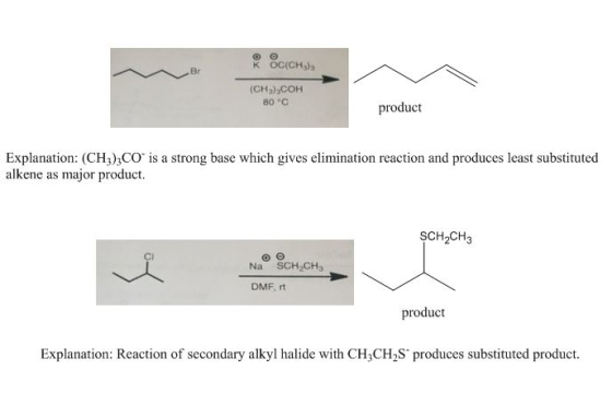 K OC(CH) Br (CHs)3COH 80 °C product Explanation: (CH3)2CO is a strong base which gives elimination reaction and produces leas