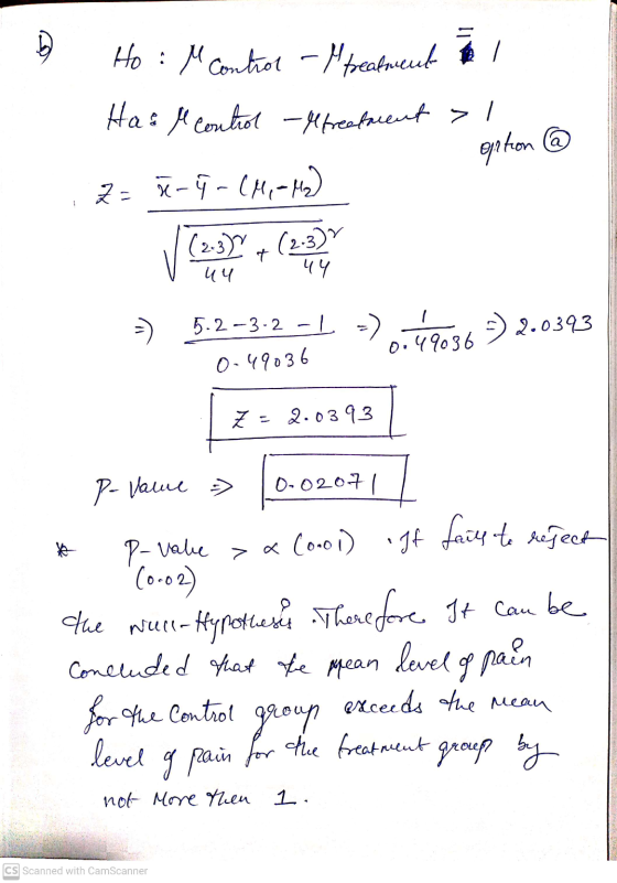 Ho : M control - M breatment to Has M control -Mfreefacent > 1 option @ 2= X-9-CM-M) (2-3) - (2-3) uu 44 - > 5.2 -3-2 -1 =) 1