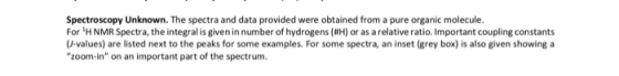 Spectroscopy Unknown. The spectra and data provided were obtained from a pure organic molecule. For H NMR Spectra, the integ