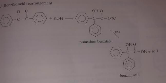 C. Benzilic acid rearrangement Он о potassium benzilate ОН 0 -с-с-он + кс | | benzilic acid