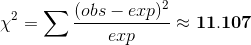 \chi^2=\sum \frac{(obs-exp)^2}{exp}\approx \mathbf{11.107}