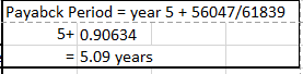 Payabck Period = year 5 + 56047/61839 %3D 5+ 0.90634 5.09 years