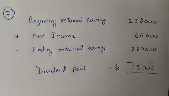 7 Beginning retained earning 238000 + Net Income 66 000 Ending retained earning 289000 Dividend paid 15000