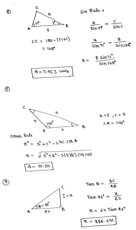 sin Rule, de hote = sinc a anti = 2 in 108 LC = 180-(71+1) = 1080 sin 1080 =7.953 units ca nuo b=5,2=6 LA = 1400 6 A 6 cosine
