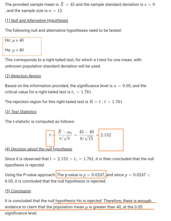 45 and the sample standard deviation is s = 9 The provided sample mean is X and the sample size is n = 15. (1) Null and Alter