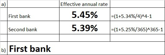 a) Effective annual rate 5.45% First bank = (1+5.34%/4)^4-1 Second bank 5.39% =(1+5.25%/365)^365-1 b) First bank