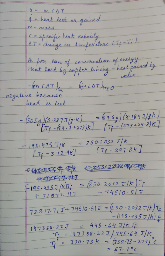 q=MCAT 9 - heat lost or gained m - moss C-specific heat capacity AT - change in temperature (Tf - 11 As per law of conservati