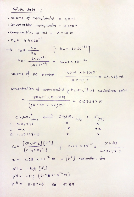 Given data a Volume of methylamine = 50ml o concentration methylamine = 0.100M • concentration of HC) = 0.270 m •Kb = 4,4 x 1