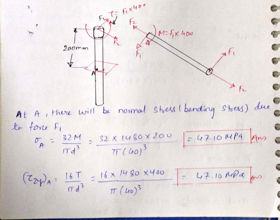 I FX400 6 M= F x 400 F 200mm Afi AL A 02 there will be normal stress (bending stress) due to fore fi = 47.10 MPa An T(40)3 o
