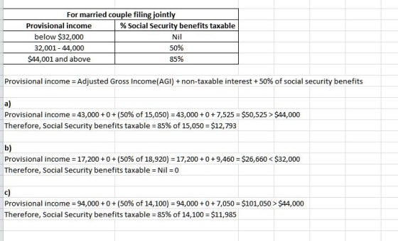 For married couple filing jointly Provisional income % Social Security benefits taxable below $32,000 Nil 32,001 - 44,000 50%